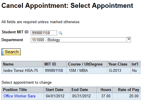 Cancel appointment selection screen