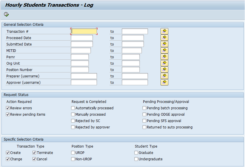 Hourly Student Transactions Log Search Fields