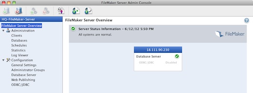 Database server configuration screen