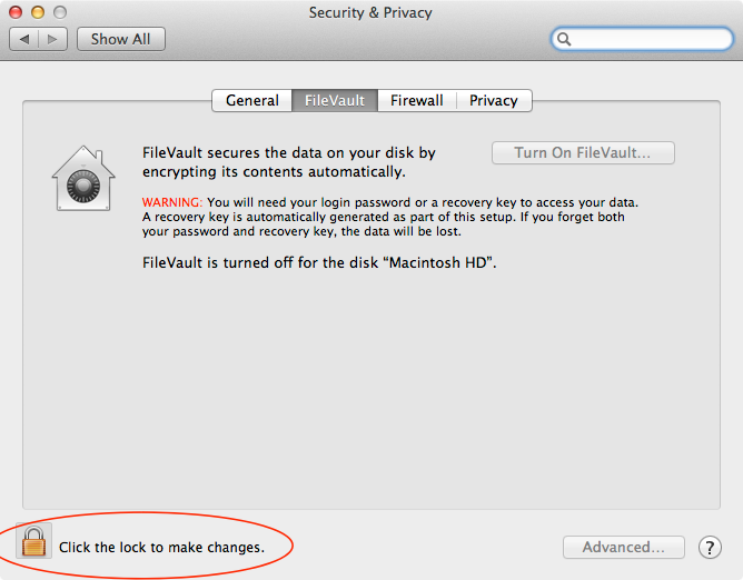 FileVault preferences