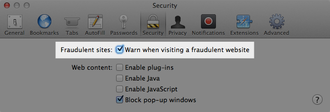 Safari security preferences screen