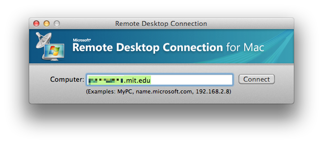 Microsoft Remote Desktop with hostname entered.