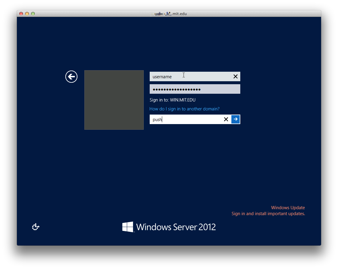 Example of Windows login screen with push in the Duo Password field.