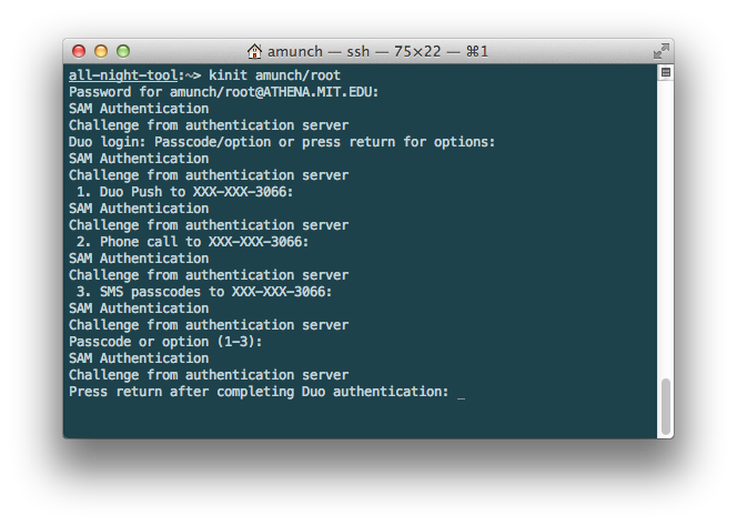 Terminal with prompt 'Press return after completing Duo authentication.'