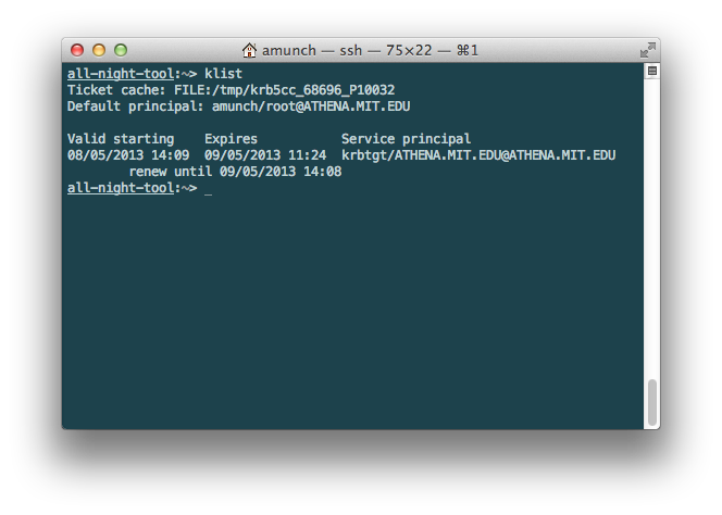 Terminal with output of Kerberos tickets from running the command 'klist'.
