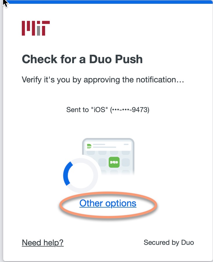 "other options link circled on duo auth screen'