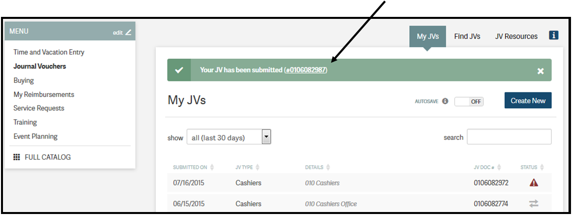 Journal Vouchers: Create JV Success Message