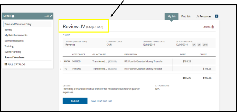 Journal Vouchers: Review JV Step 3