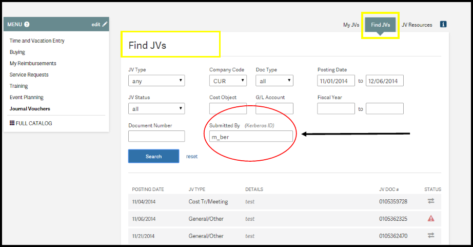 Journal Vouchers: Find JVs search by Kerberos ID