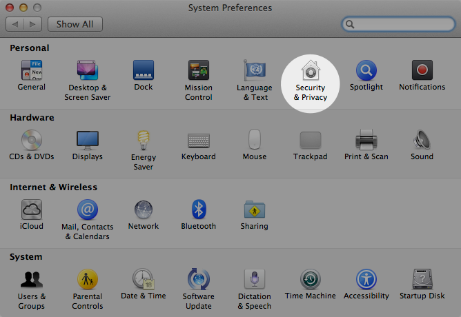 System preferences screen