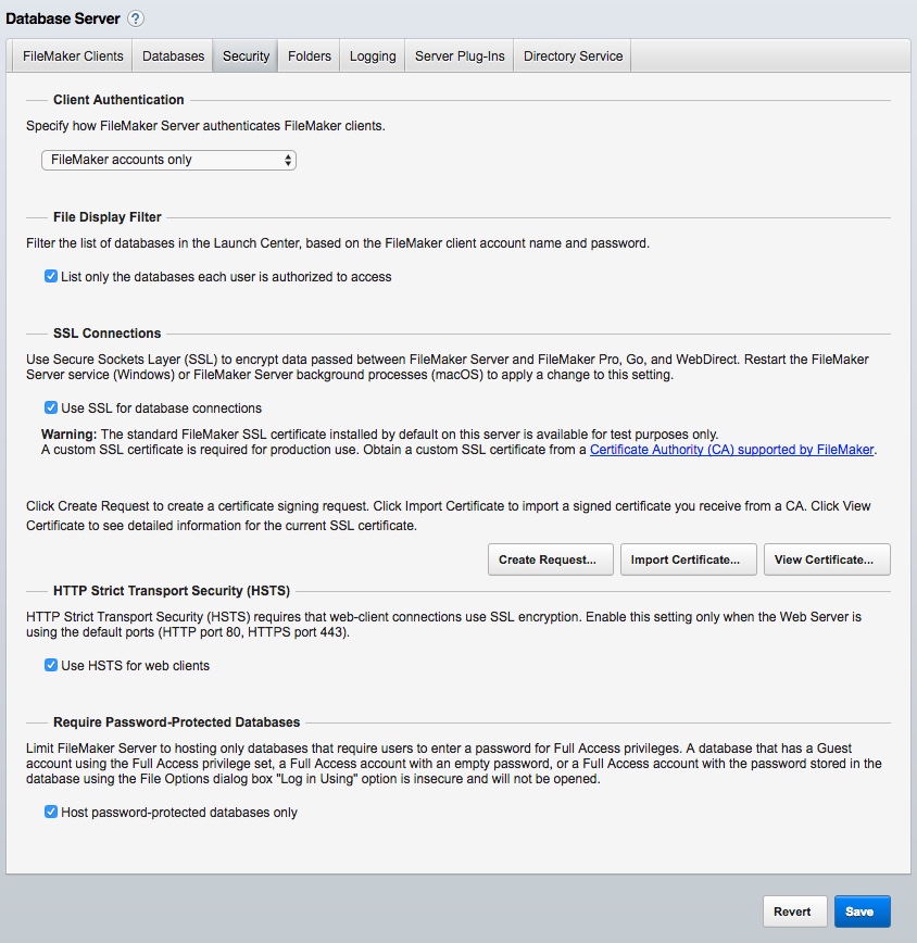 Admin Console Security screen