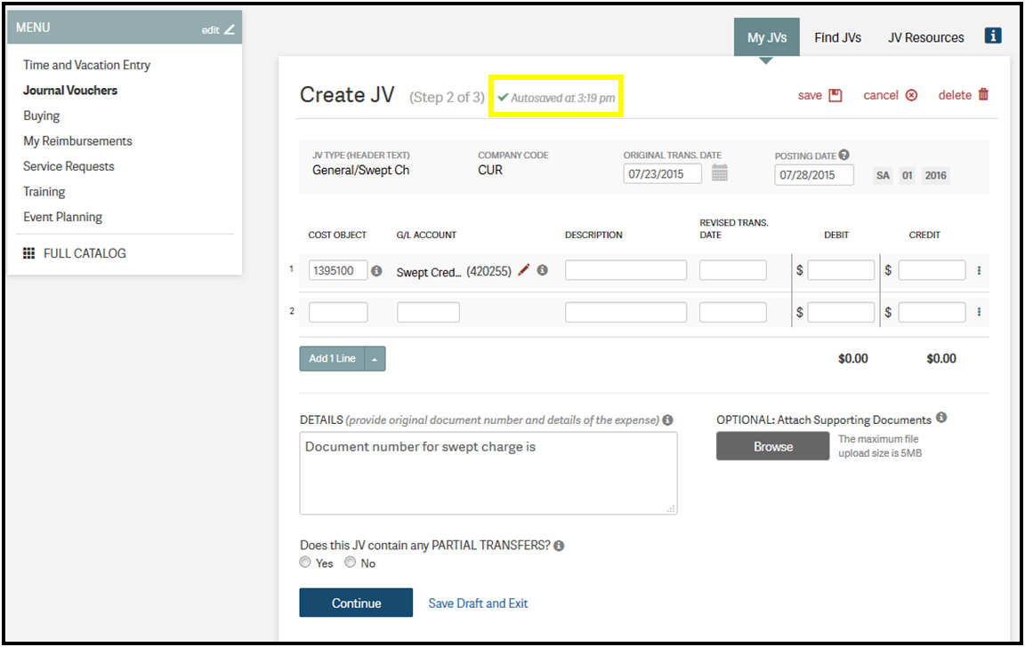 Journal Vouchers: Autosave Message
