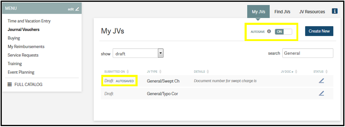 Journal Vouchers: Draft autosaved