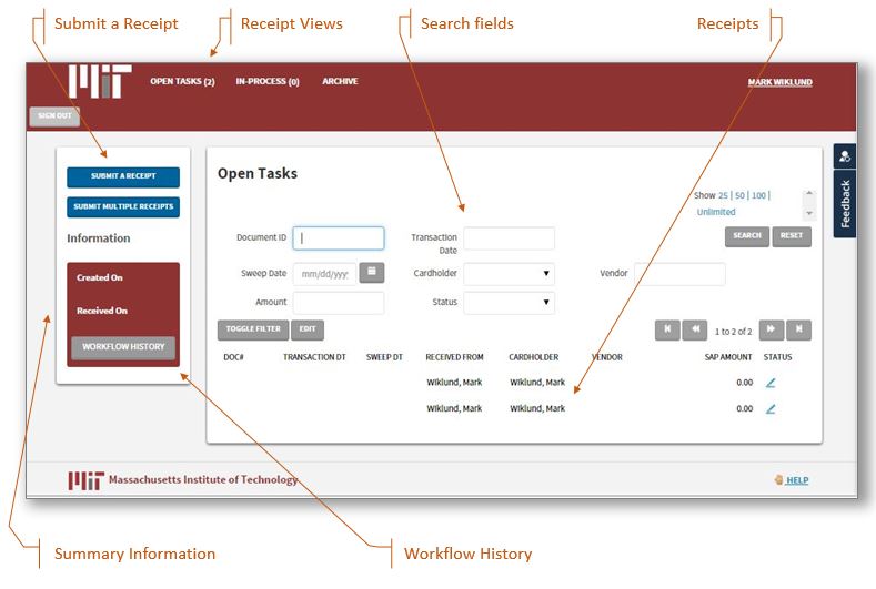 Cardholder Open Tasks Window (labeled)