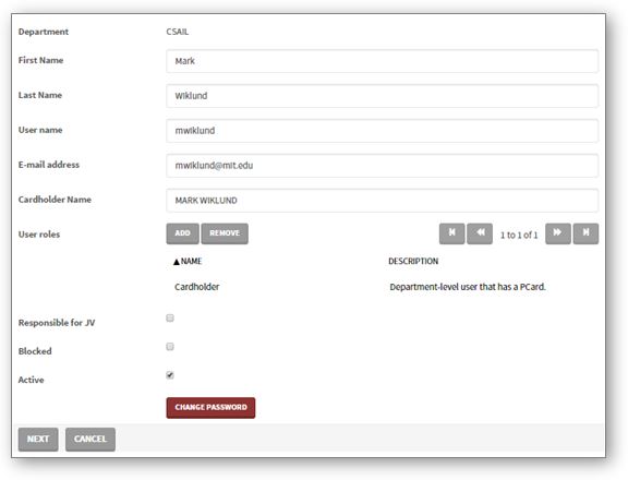User Search page.  Enter desired user's information or select him from list of matches.