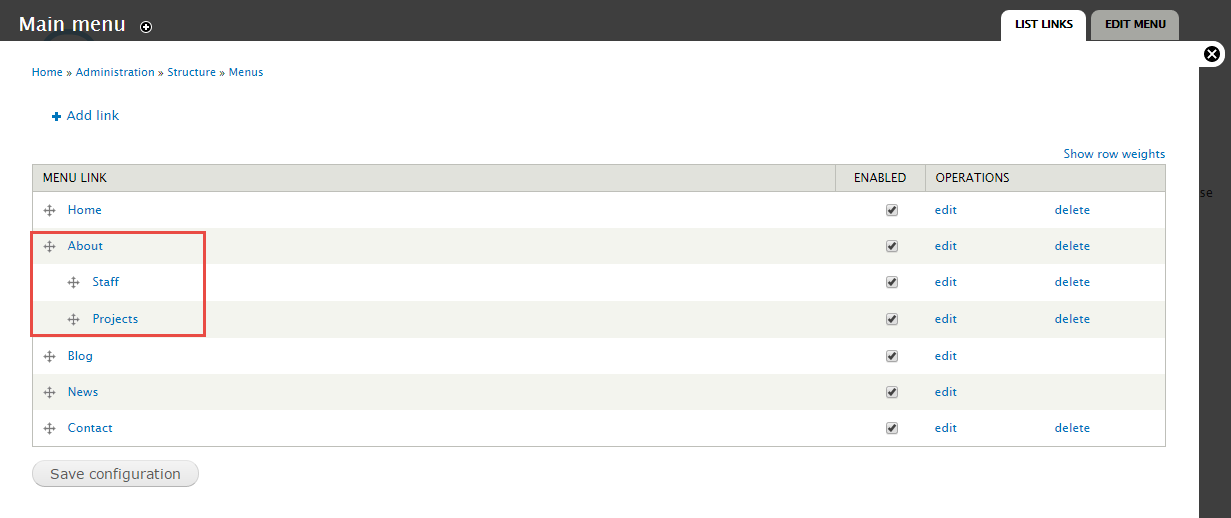 embedded menu links