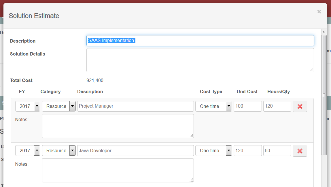 "Cost Estimate solution screenshot 1/2