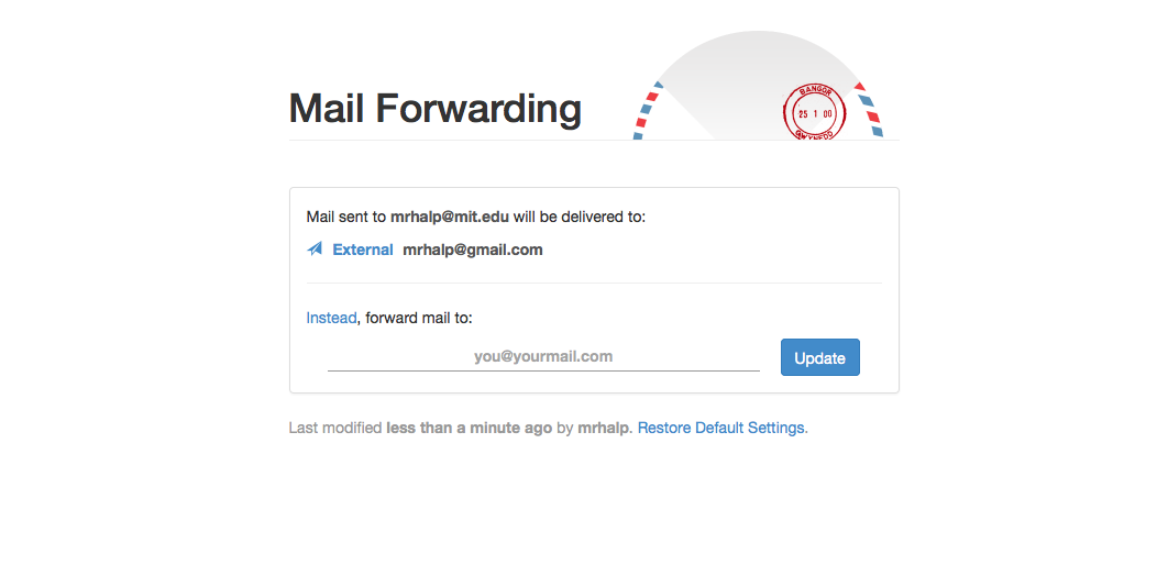 Mail Fowarding website with external email listed.