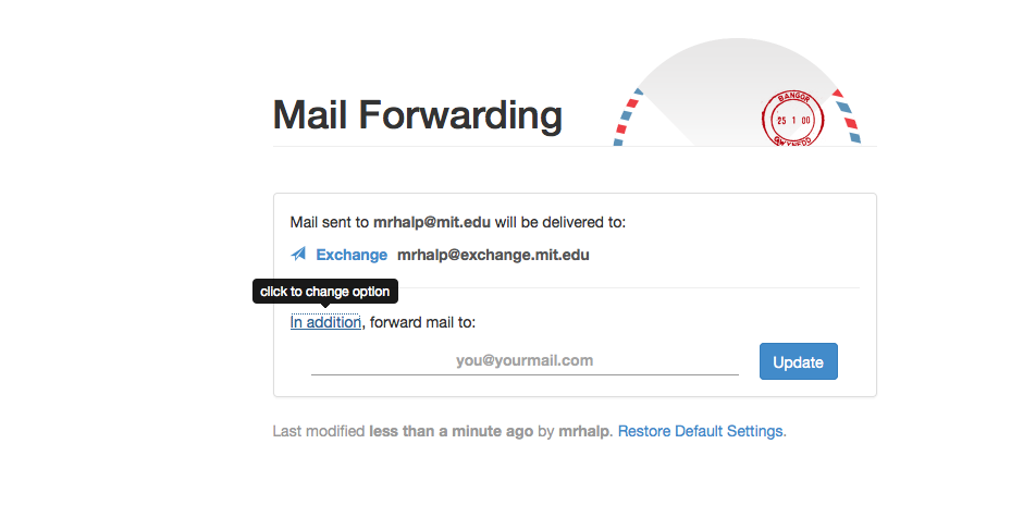 Mail Forwarding website with In addition selected.