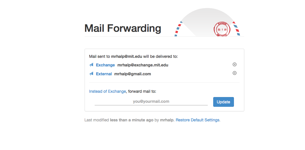 Mail Forwarding website with emails listed.