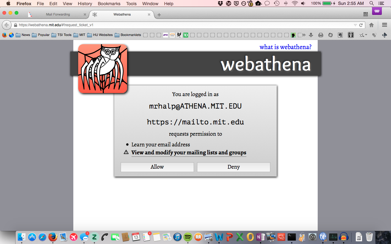 Request for permission for webathena to view email and mailing lists.