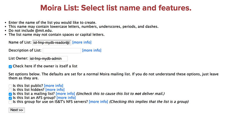 Moira List configuration screen