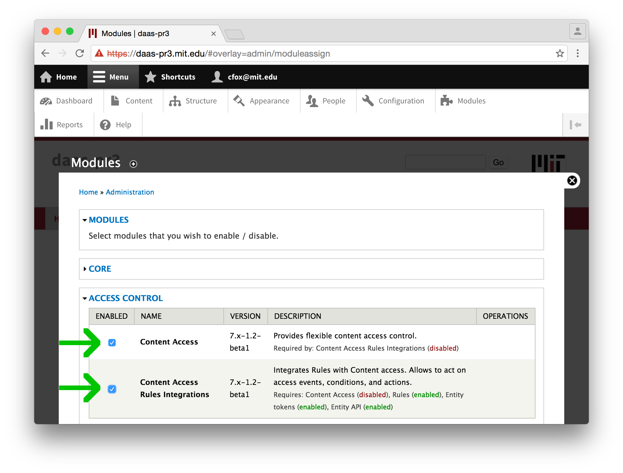 Content Access Modules page