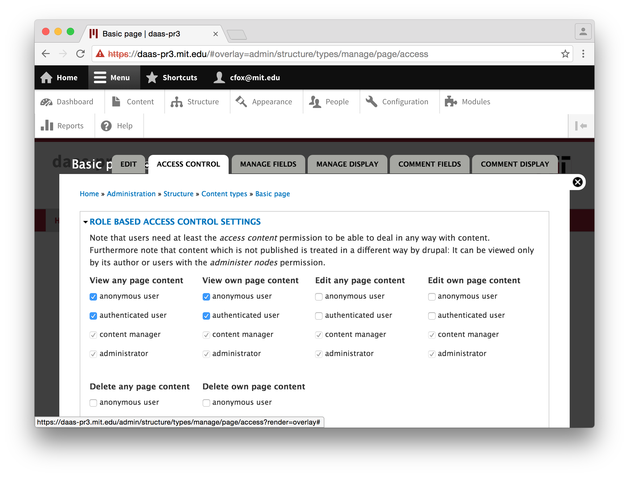 Page content type access control tab (open)