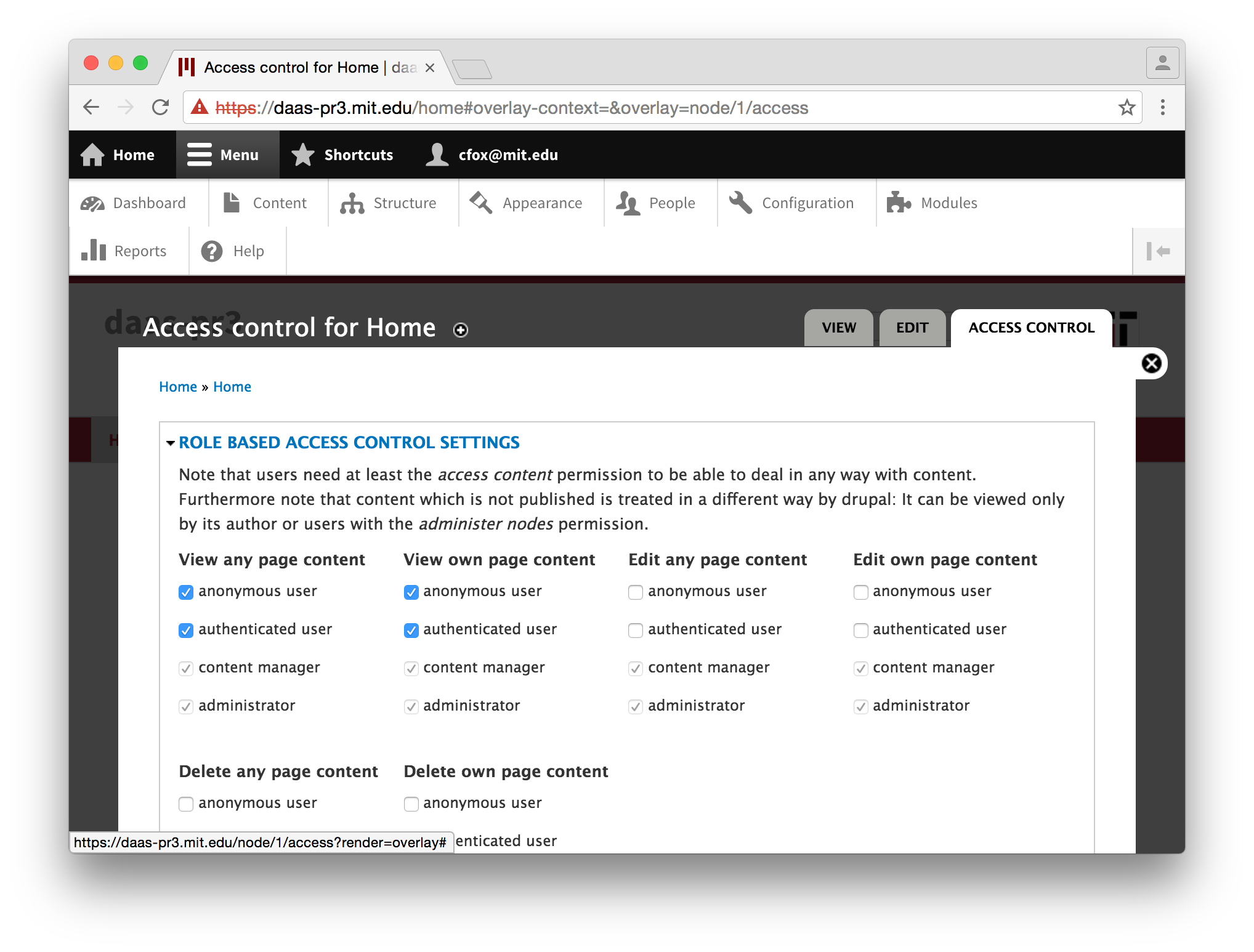 Role based Access Control settings displayed