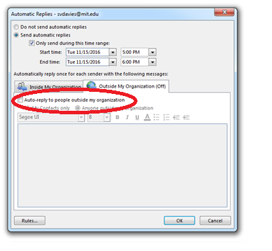 Checkbox: 'Autoreply to people outside my organization'