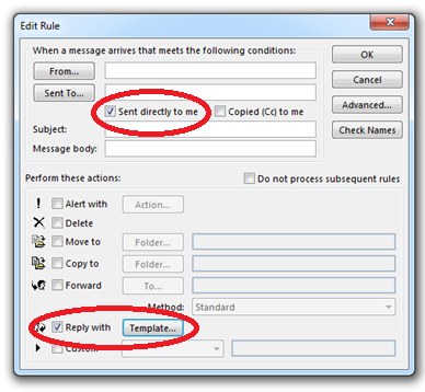 Edit rule window with template for new rule