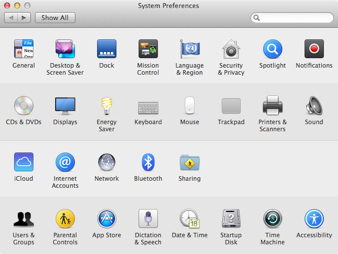 System preferences screen