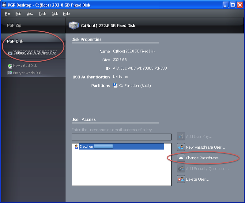 Screenshot of PGP Desktop selecting disk and user