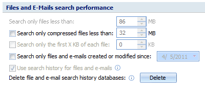 Files and email search options screen