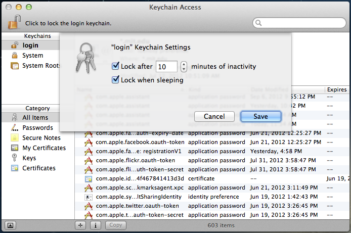 Keychain setting screen