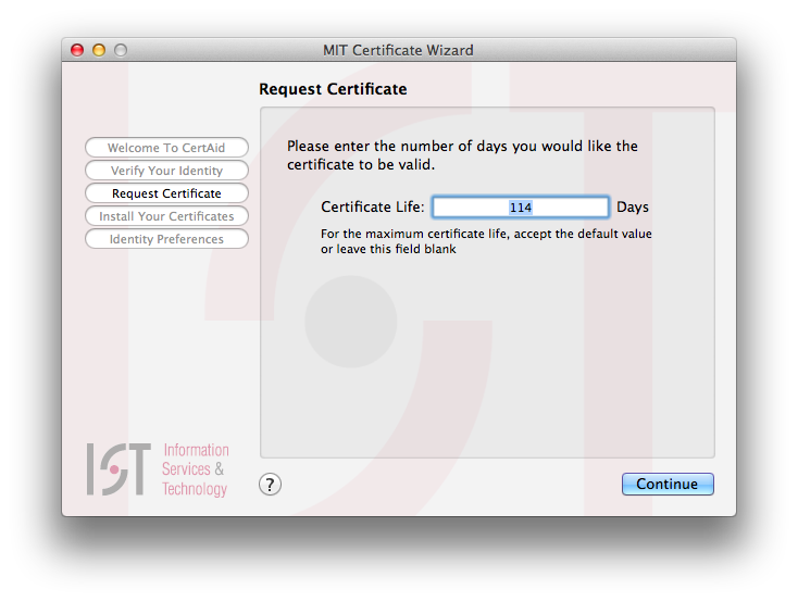 Request certificate screen