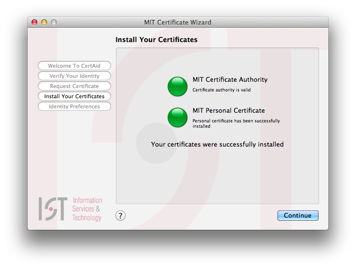 Install certificates screen